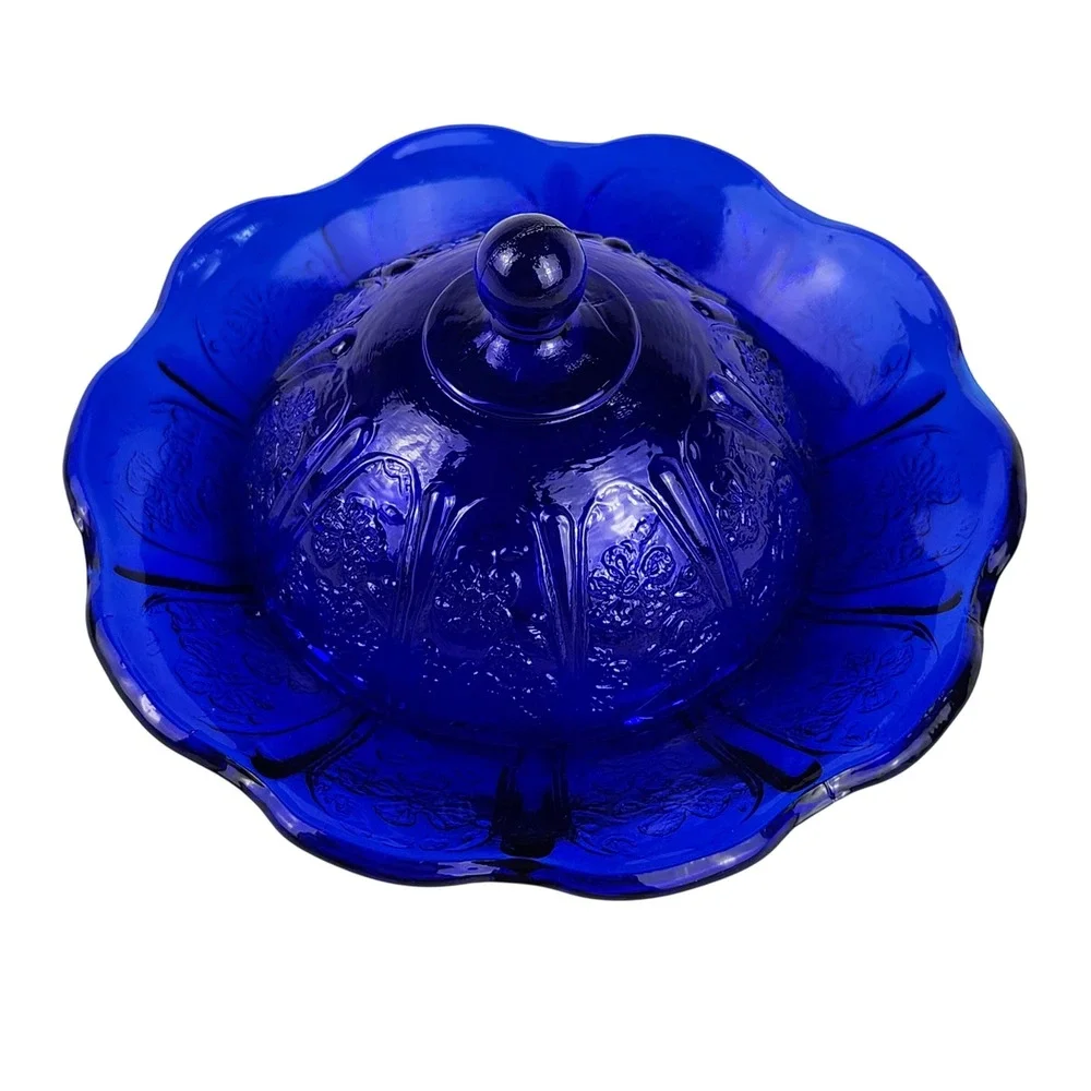 VTG Butter/Cheese Dish Cobalt Blue Glass Cherry Blossom Embossed Scalloped Edge